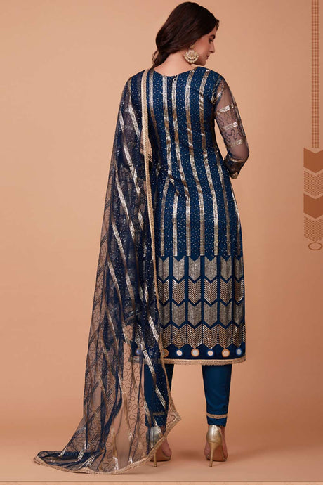 Buy teal-blue Georgette sequins embroidered Pant Suit Set Online - Back