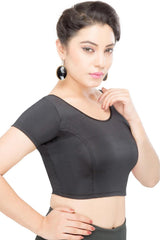 Black Nylon Blend Stretchable Non-Padded Short Sleeves Saree Blouse