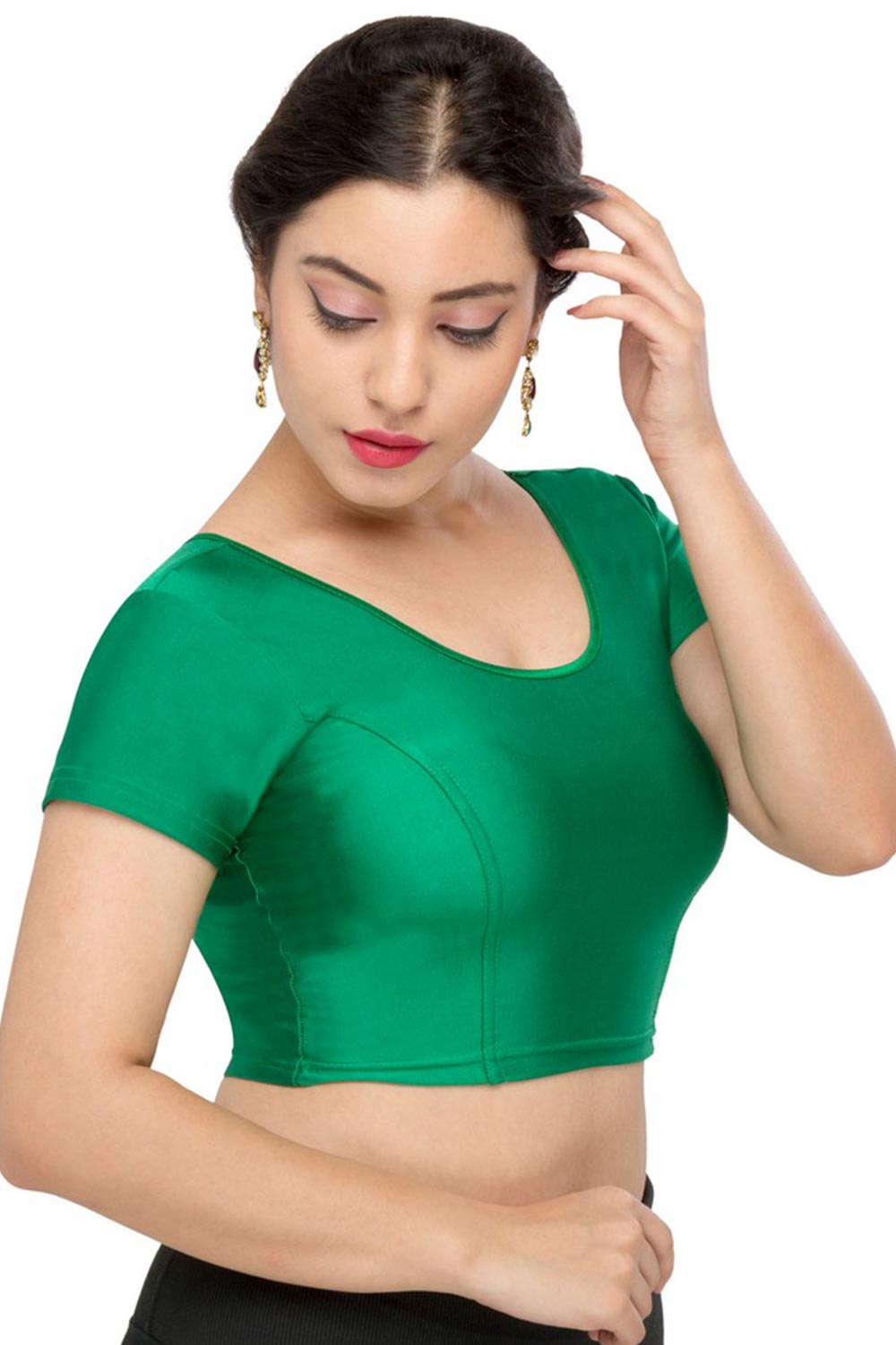 Green Nylon Blend Stretchable Non-Padded Short Sleeves Saree Blouse