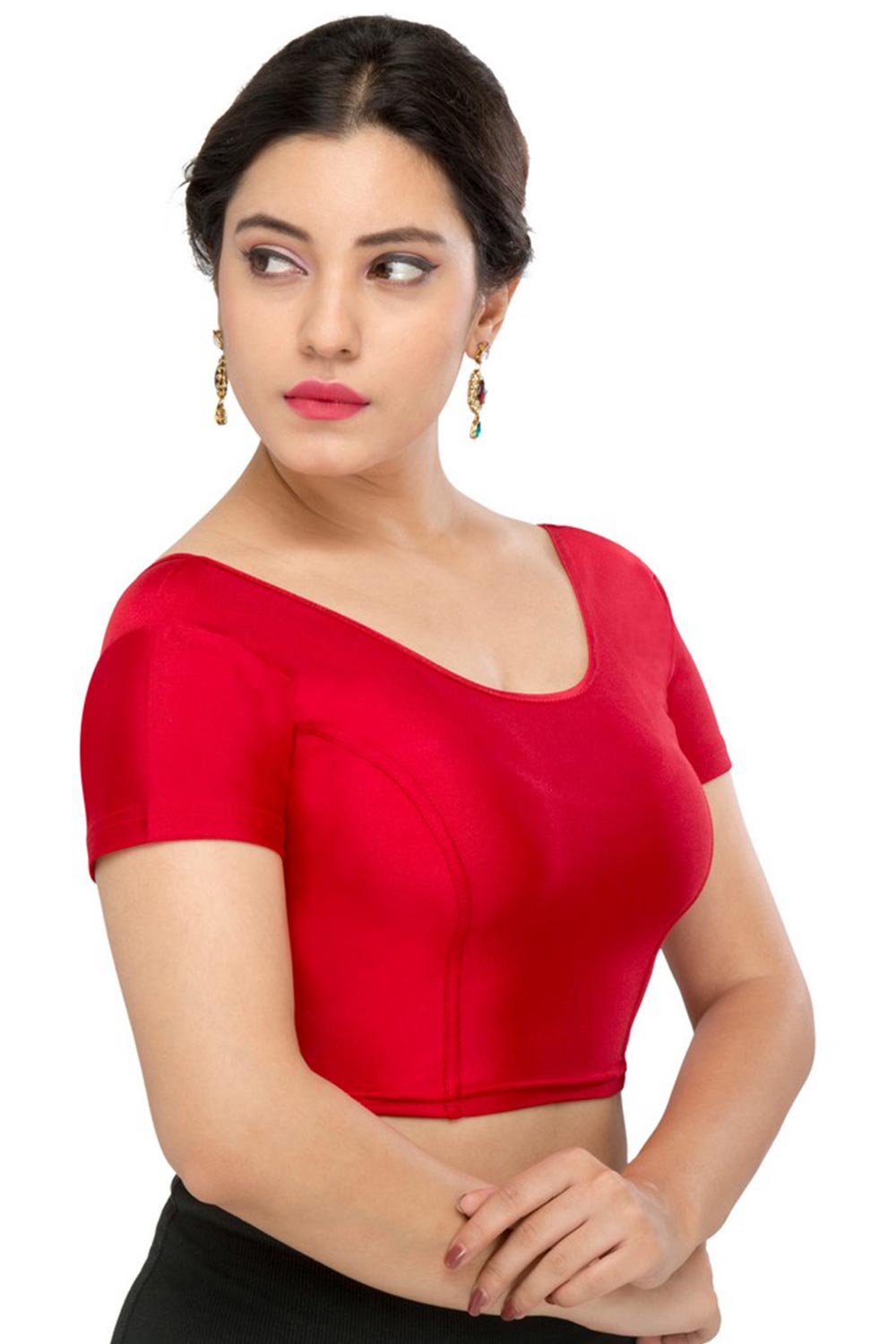 Maroon Nylon Blend Stretchable Non-Padded Short Sleeves Saree Blouse