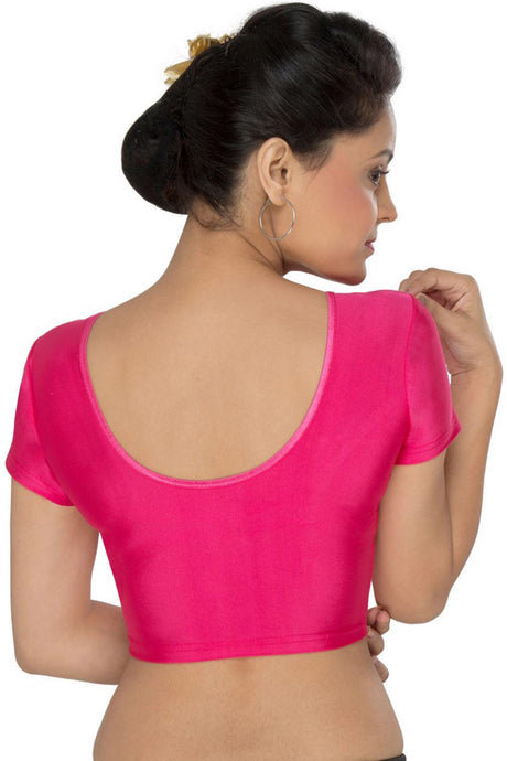 Pink Nylon Blend Stretchable Non-Padded Short Sleeves Saree Blouse