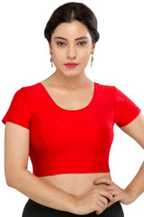 Red Nylon Blend Stretchable Non-Padded Short Sleeves Saree Blouse