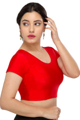 Red Nylon Blend Stretchable Non-Padded Short Sleeves Saree Blouse