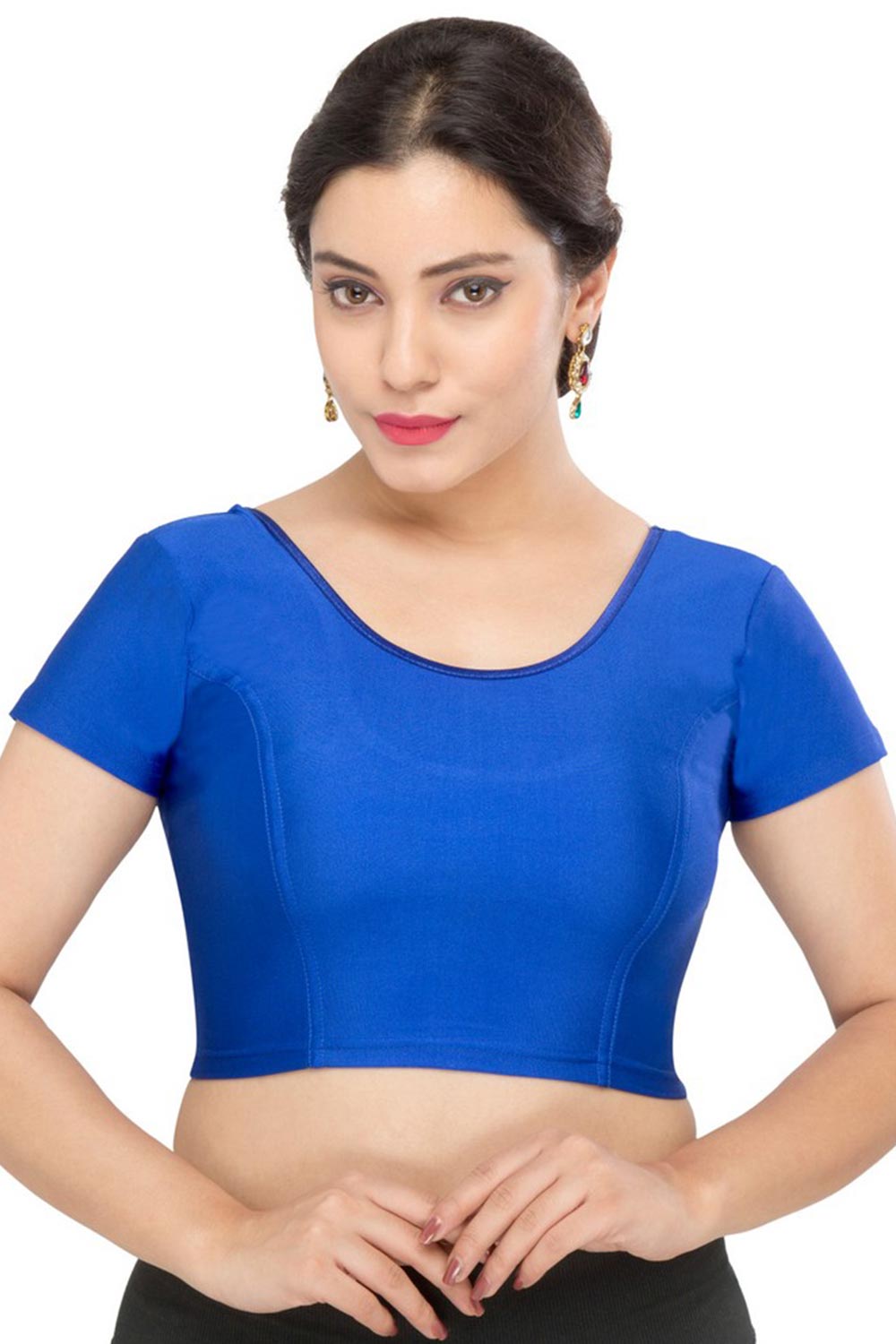 Royal Blue Nylon Blend Stretchable Non-Padded Short Sleeves Saree Blouse