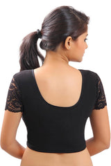 Black Nylon Blend Stretchable Non-Padded Short Sleeves Saree Blouse