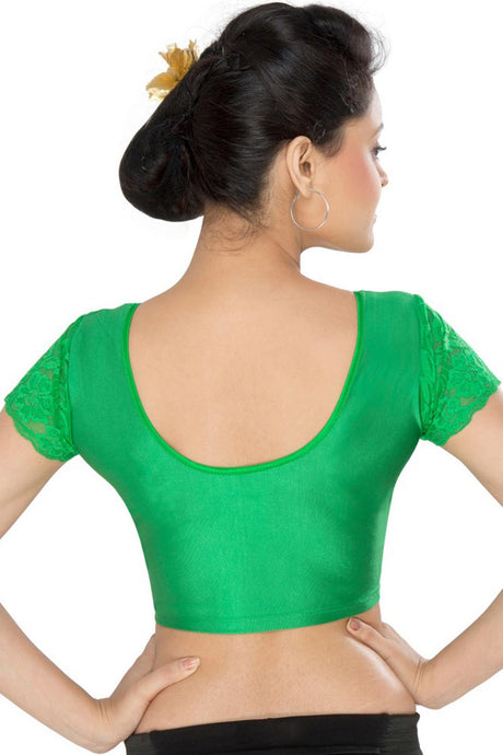 Green Nylon Blend Stretchable Non-Padded Short Sleeves Saree Blouse