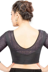 Black Lycra Blend Stretchable Non-Padded Elbow Sleeves Saree Blouse