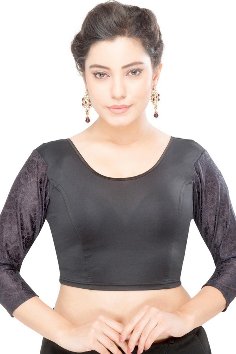 Black Lycra Blend Stretchable Non-Padded Elbow Sleeves Saree Blouse