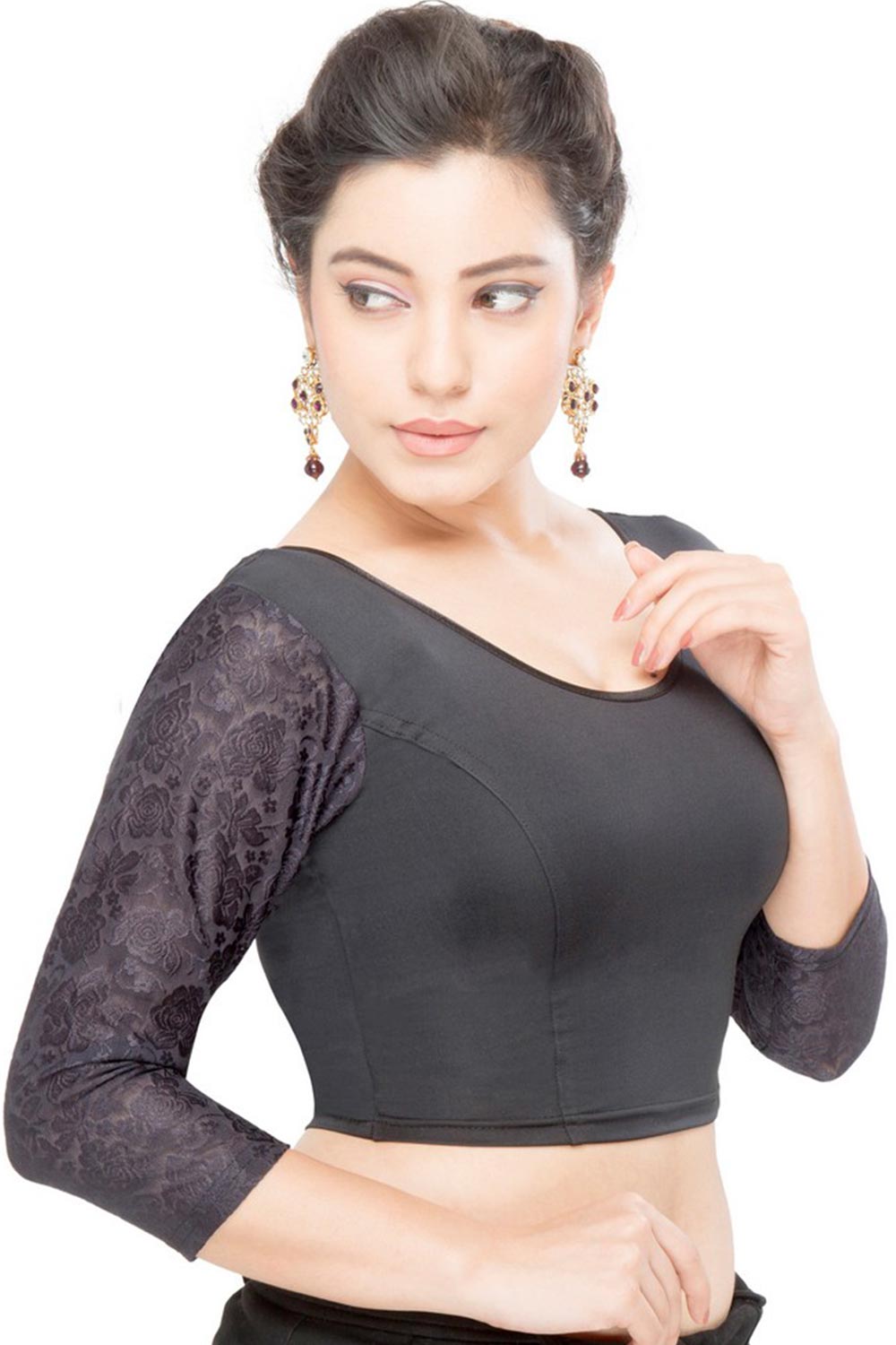 Black Lycra Blend Stretchable Non-Padded Elbow Sleeves Saree Blouse