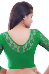 Green Lycra Blend Stretchable Non-Padded Elbow Sleeves Saree Blouse