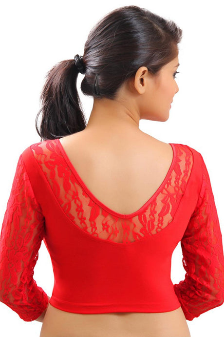 Red Lycra Blend Stretchable Non-Padded Elbow Sleeves Saree Blouse