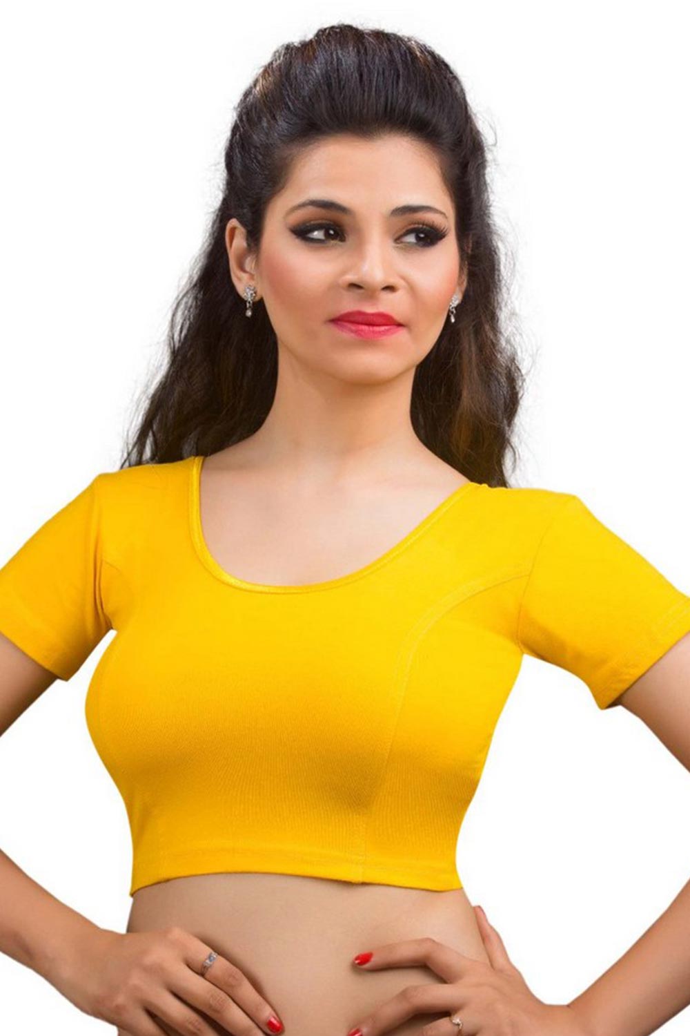 Dark Yellow Cotton Lycra Blend Stretchable Non-Padded Short Sleeves Saree Blouse