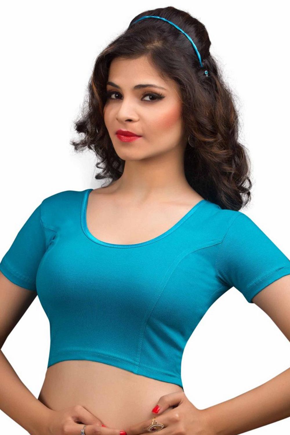 Firozi Cotton Lycra Blend Stretchable Non-Padded Short Sleeves Saree Blouse