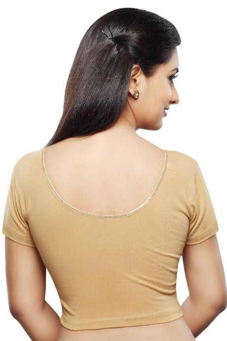 Gold Cotton Lycra Blend Stretchable Non-Padded Short Sleeves Saree Blouse