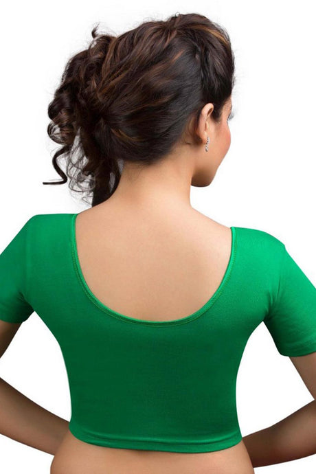 Green Cotton Lycra Blend Stretchable Non-Padded Short Sleeves Saree Blouse