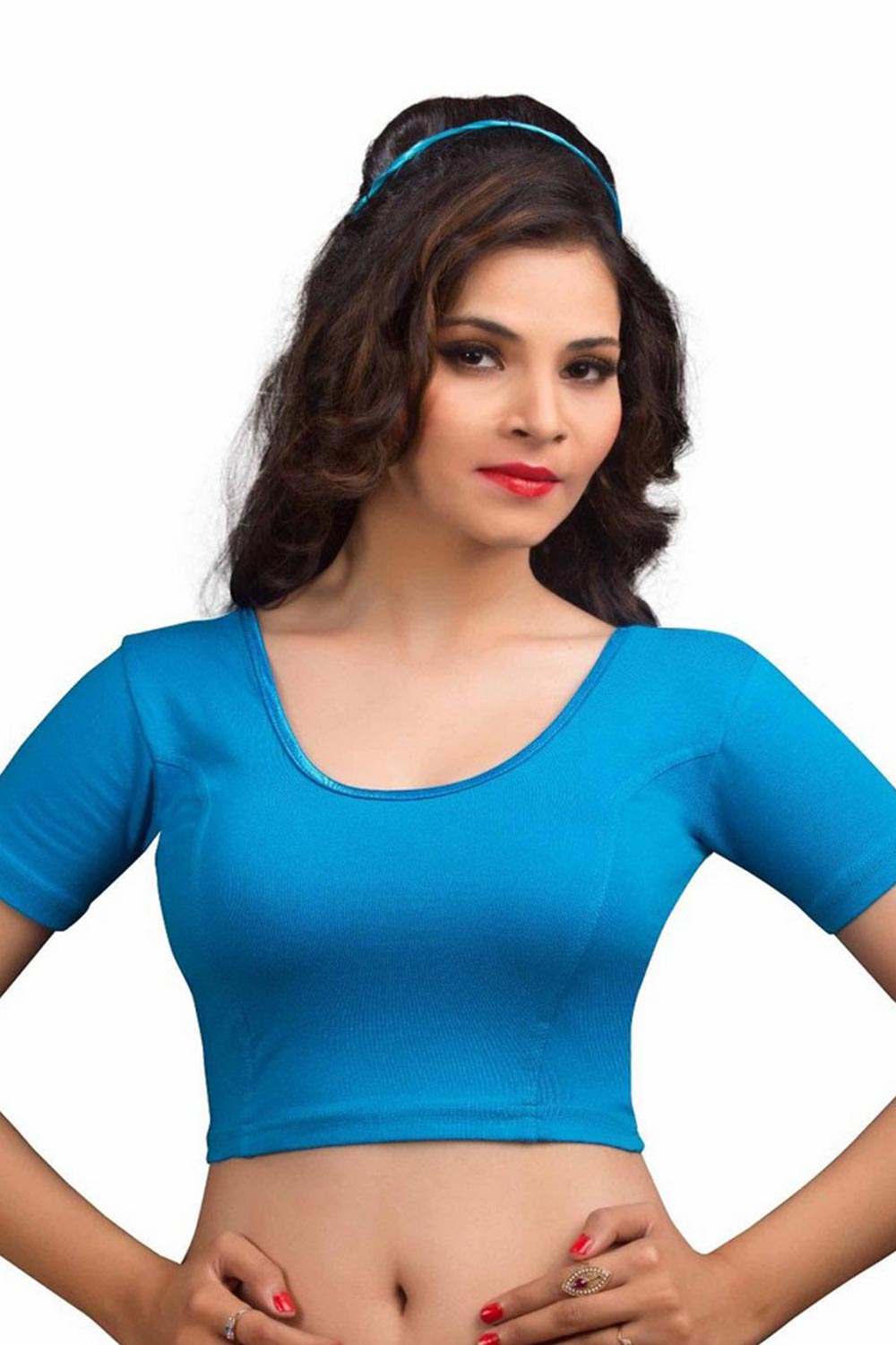 Peacock Blue Cotton Lycra Blend Stretchable Non-Padded Short Sleeves Saree Blouse