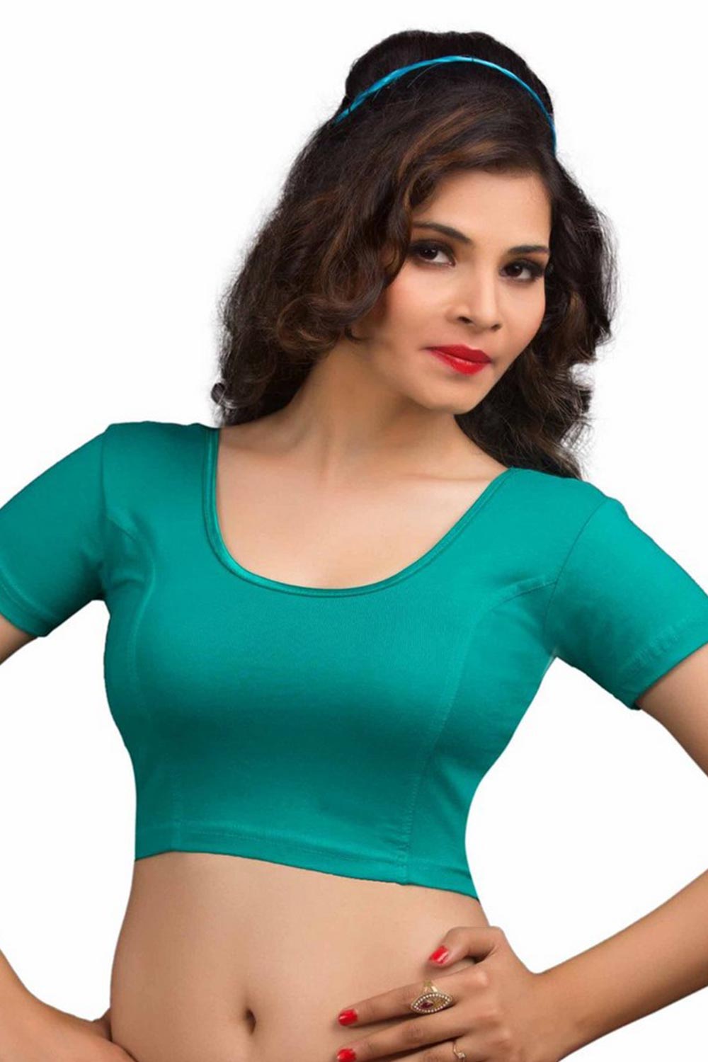 Rama Green Cotton Lycra Blend Stretchable Non-Padded Short Sleeves Saree Blouse