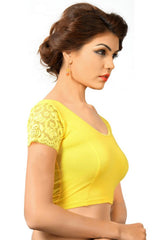 Dark Yellow Cotton Lycra Blend Stretchable Non-Padded Short Sleeves Saree Blouse