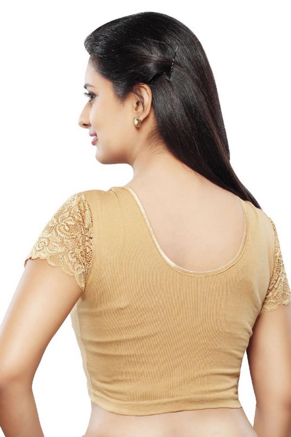 Gold Cotton Lycra Blend Stretchable Non-Padded Short Sleeves Saree Blouse