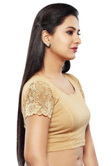 Gold Cotton Lycra Blend Stretchable Non-Padded Short Sleeves Saree Blouse