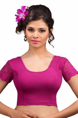 Magenta Cotton Lycra Blend Stretchable Non-Padded Short Sleeves Saree Blouse