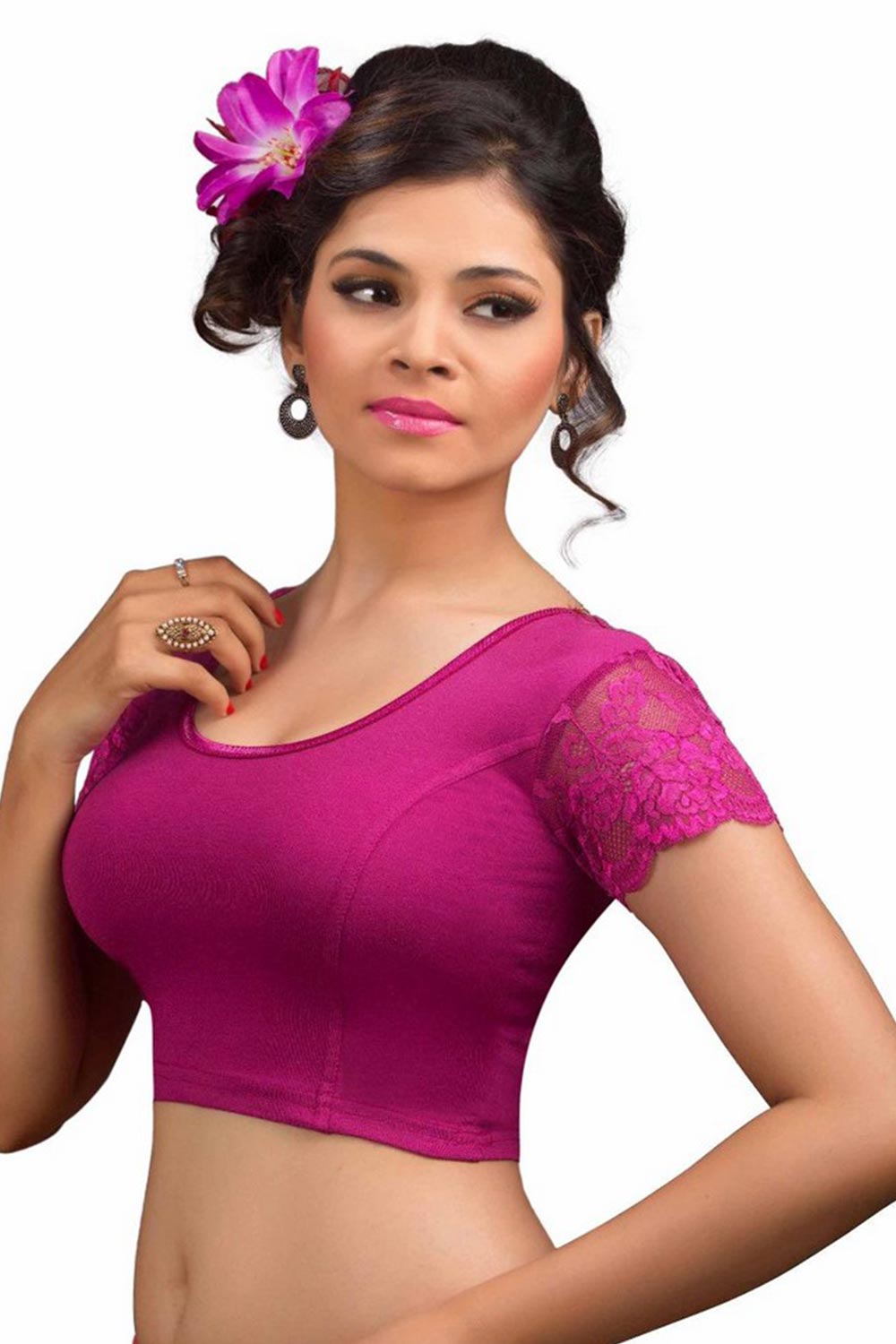 Magenta Cotton Lycra Blend Stretchable Non-Padded Short Sleeves Saree Blouse