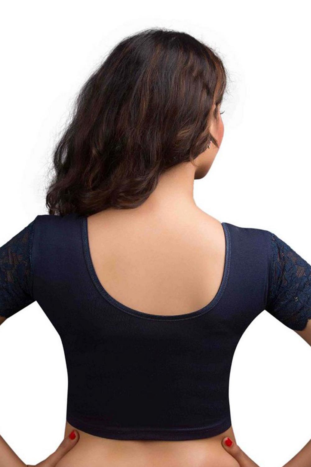 Navy Blue Cotton Lycra Blend Stretchable Non-Padded Short Sleeves Saree Blouse