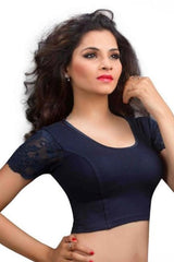 Navy Blue Cotton Lycra Blend Stretchable Non-Padded Short Sleeves Saree Blouse