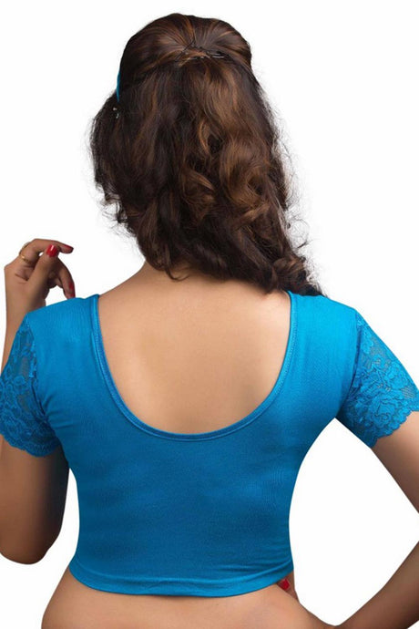 Peacock Blue Cotton Lycra Blend Stretchable Non-Padded Short Sleeves Saree Blouse