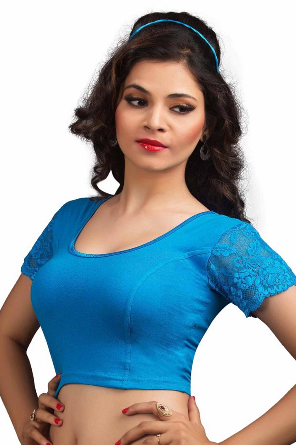 Peacock Blue Cotton Lycra Blend Stretchable Non-Padded Short Sleeves Saree Blouse