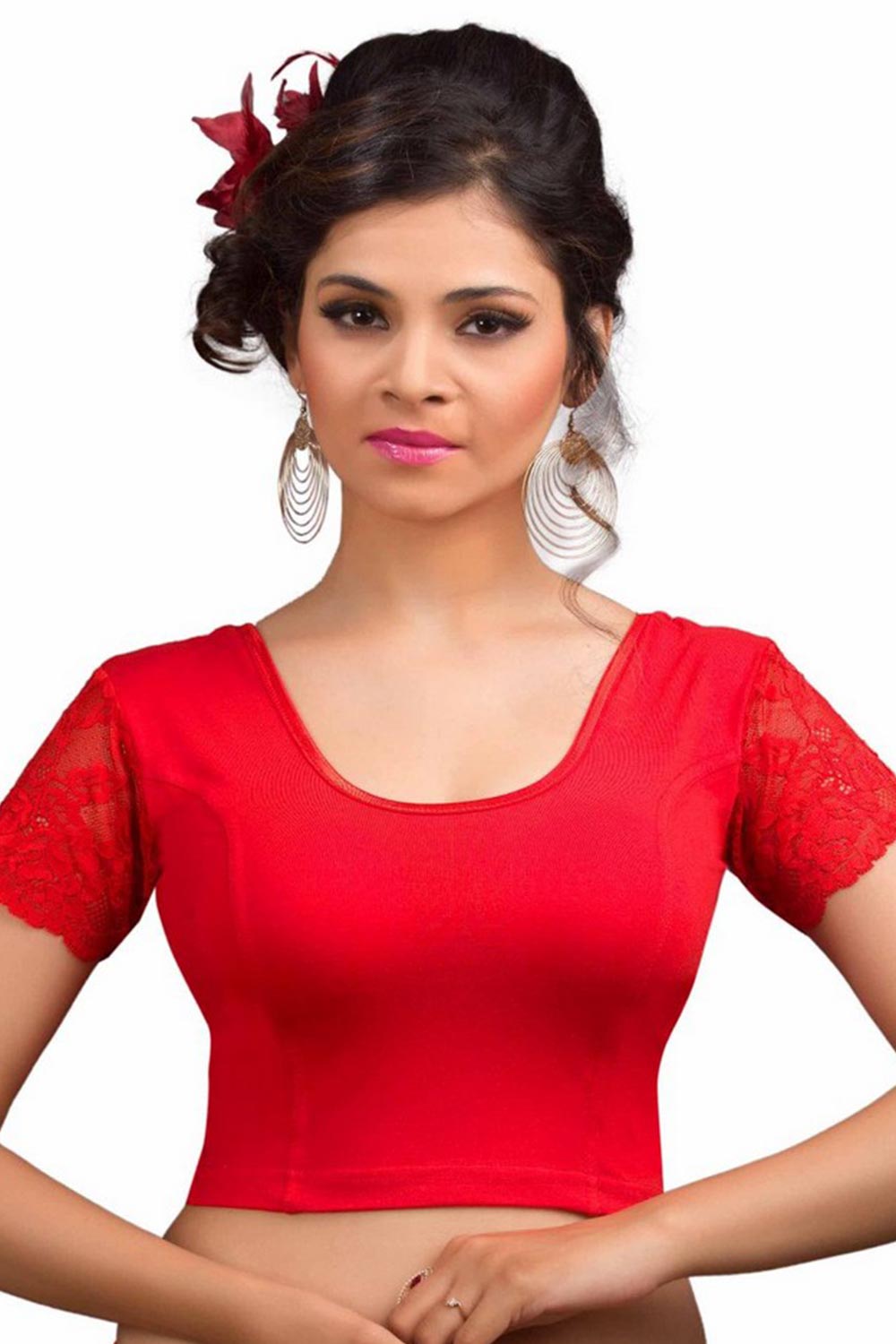 Red Cotton Lycra Blend Stretchable Non-Padded Short Sleeves Saree Blouse