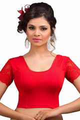 Red Cotton Lycra Blend Stretchable Non-Padded Short Sleeves Saree Blouse