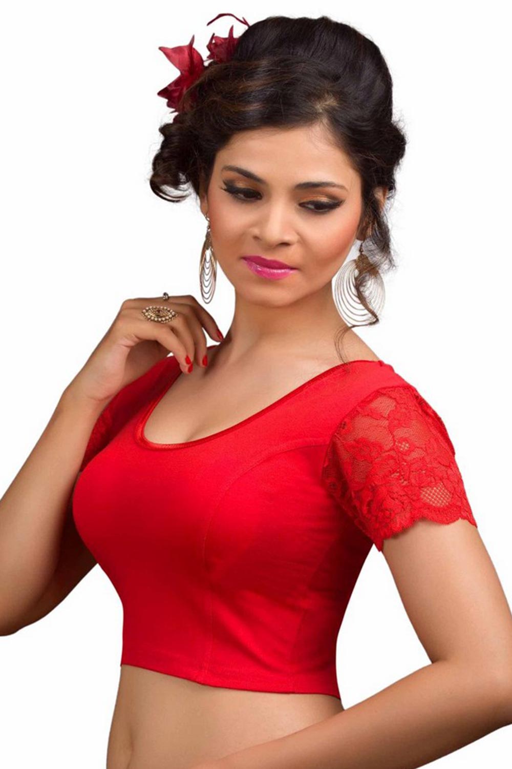 Red Cotton Lycra Blend Stretchable Non-Padded Short Sleeves Saree Blouse