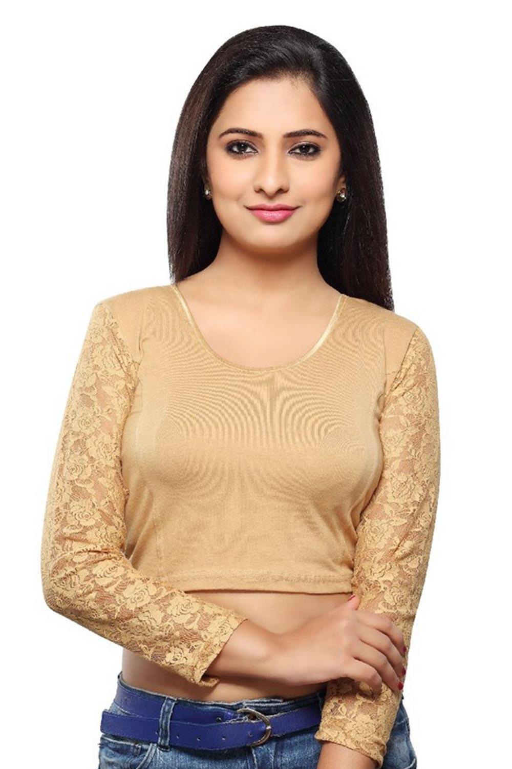 Gold Cotton Lycra Blend Stretchable Non-Padded 3/4 Sleeves Saree Blouse