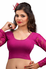 Magenta Cotton Lycra Blend Stretchable Non-Padded 3/4 Sleeves Saree Blouse