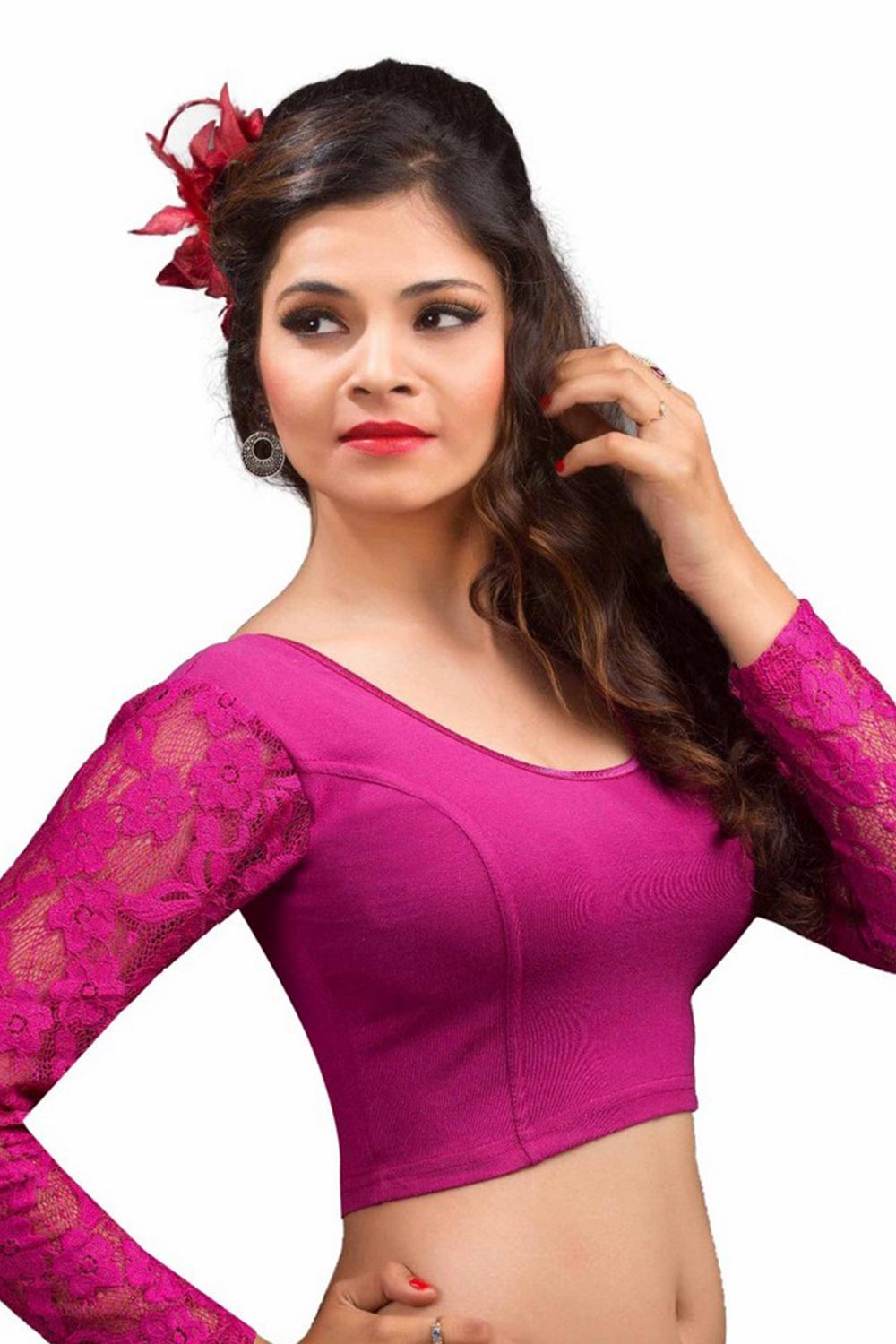 Magenta Cotton Lycra Blend Stretchable Non-Padded 3/4 Sleeves Saree Blouse