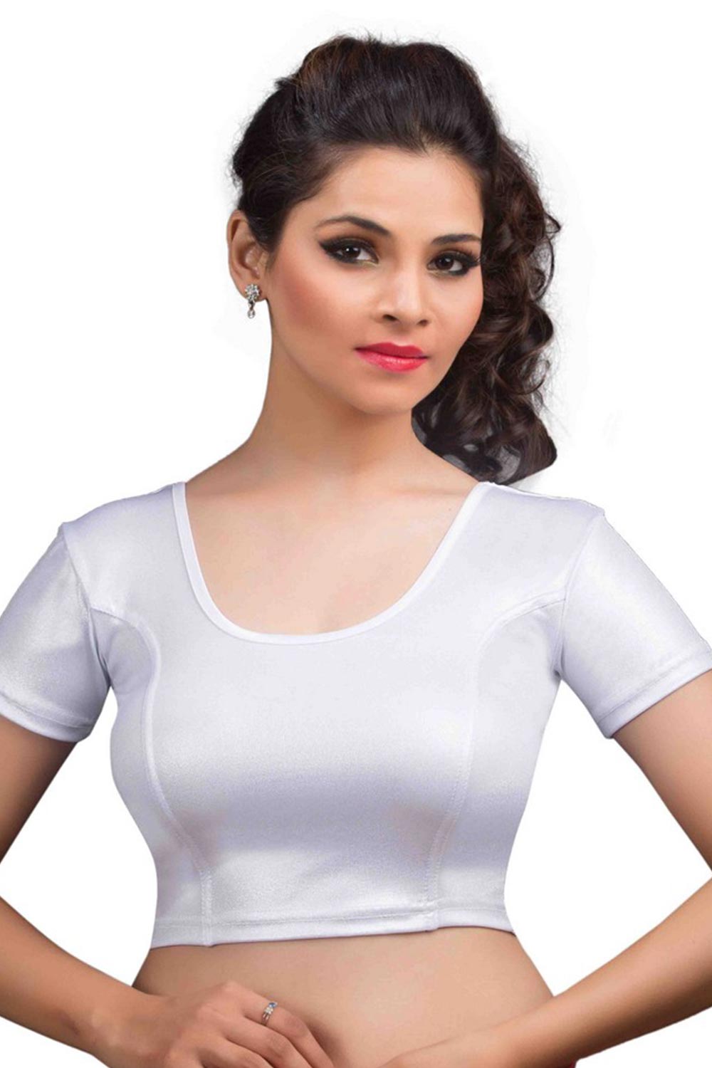 Silver Polyester Stretchable Non-Padded Short Sleeves Saree Blouse