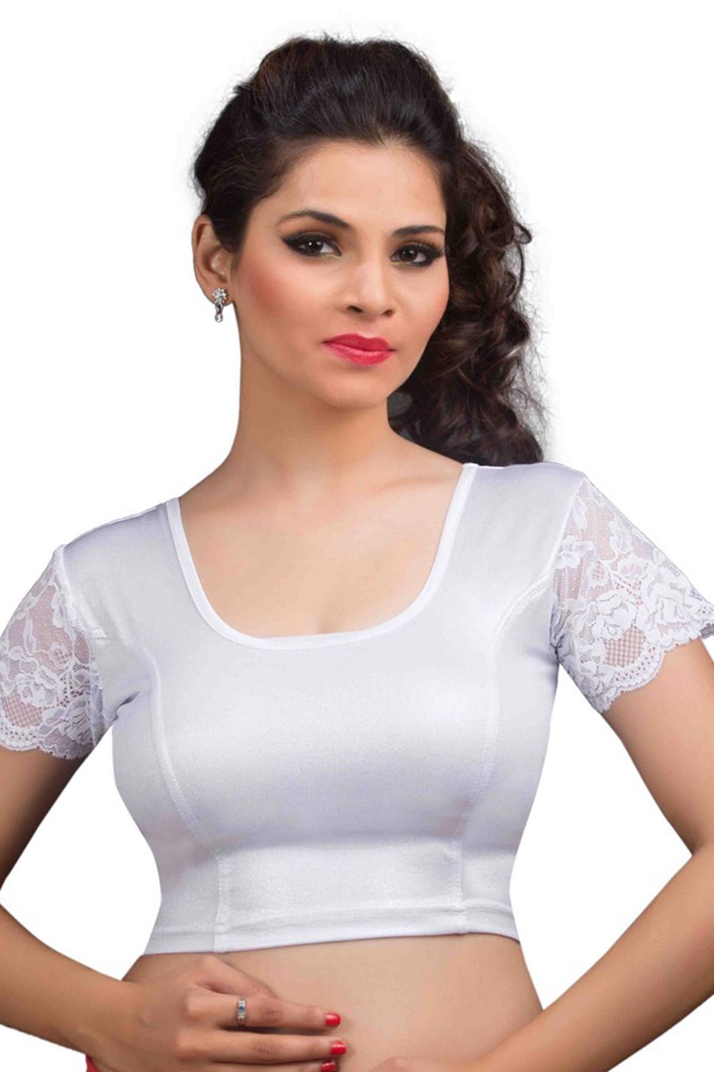 Silver Polyester Stretchable Non-Padded Short Sleeves Saree Blouse