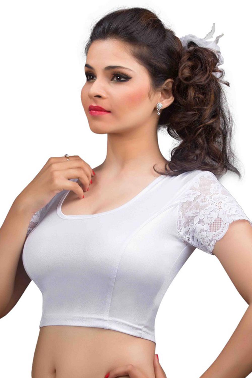 Silver Polyester Stretchable Non-Padded Short Sleeves Saree Blouse