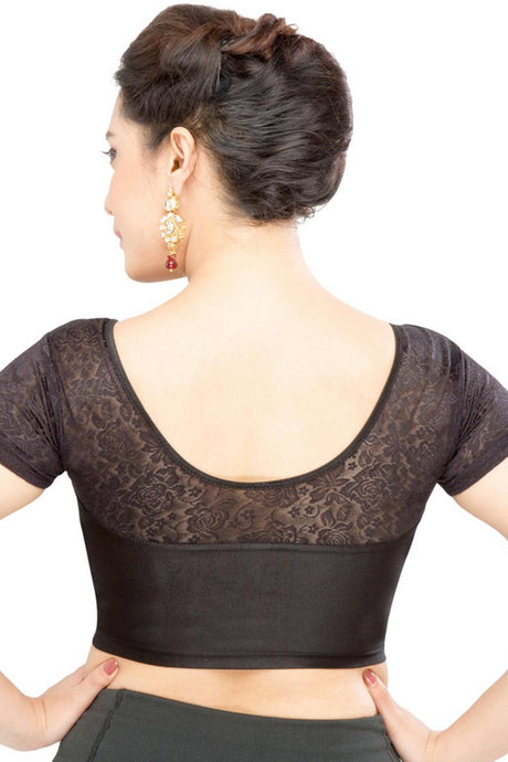 Black Polyester Stretchable Non-Padded Short Sleeves Saree Blouse