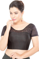 Black Polyester Stretchable Non-Padded Short Sleeves Saree Blouse