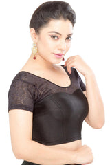 Black Polyester Stretchable Non-Padded Short Sleeves Saree Blouse