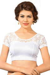 Silver Polyester Stretchable Non-Padded Short Sleeves Saree Blouse