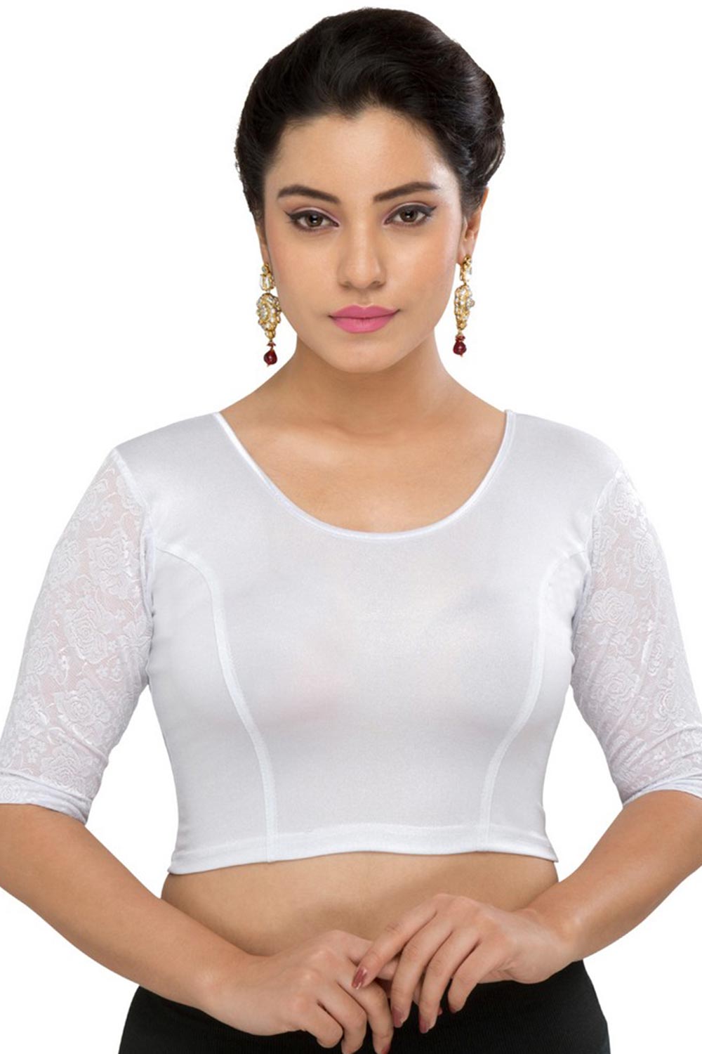 Silver Polyester Stretchable Non-Padded Elbow Sleeves Saree Blouse