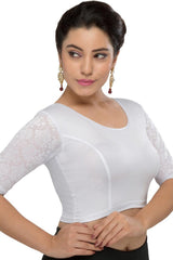 Silver Polyester Stretchable Non-Padded Elbow Sleeves Saree Blouse