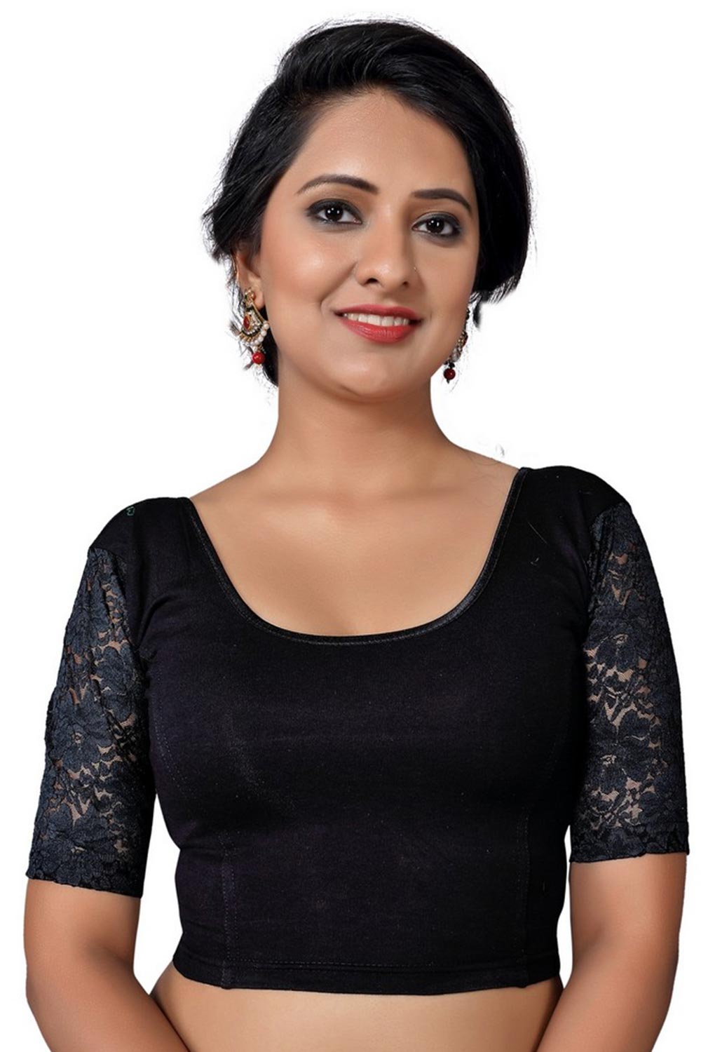 Black Cotton Lycra Blend Stretchable Non-Padded Elbow Sleeves Saree Blouse