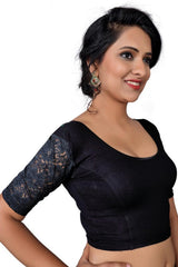 Black Cotton Lycra Blend Stretchable Non-Padded Elbow Sleeves Saree Blouse