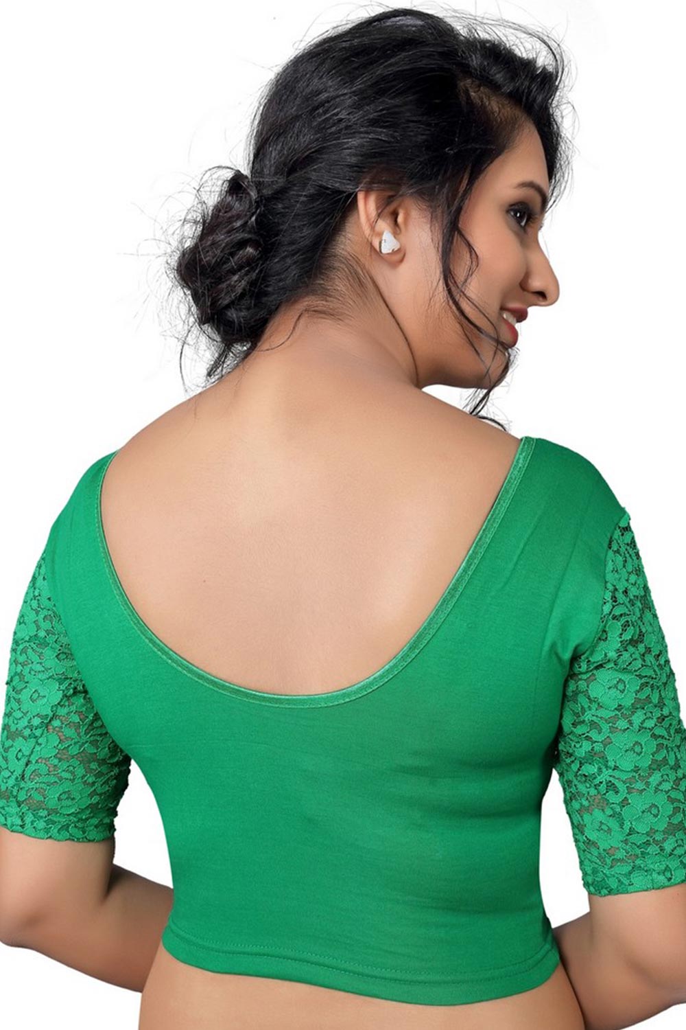 Green Cotton Lycra Blend Stretchable Non-Padded Elbow Sleeves Saree Blouse