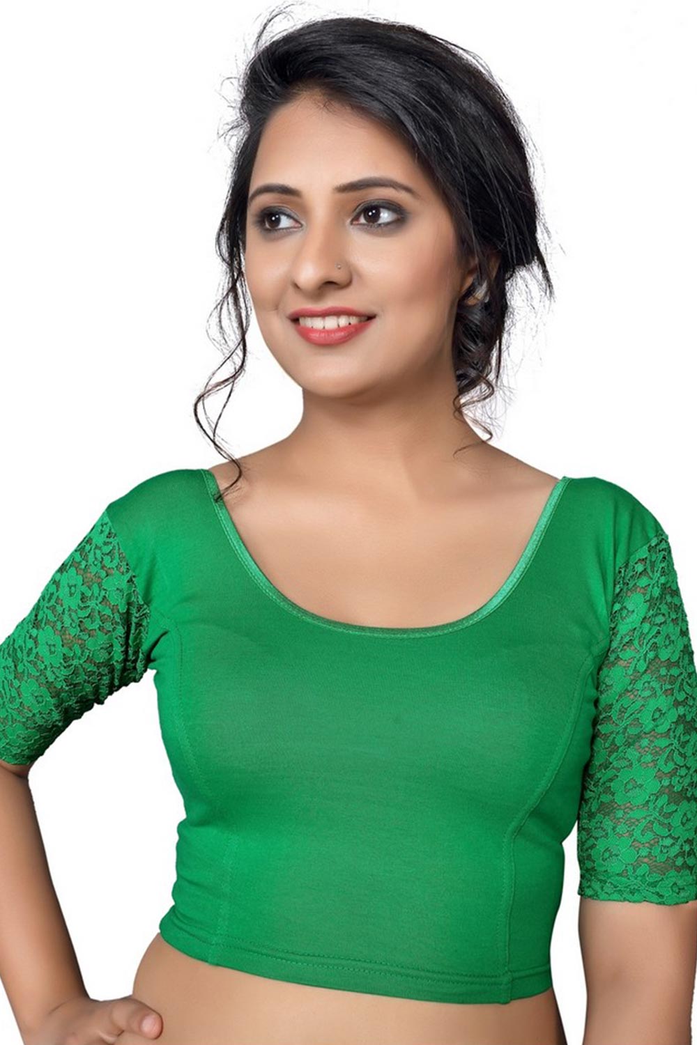 Green Cotton Lycra Blend Stretchable Non-Padded Elbow Sleeves Saree Blouse