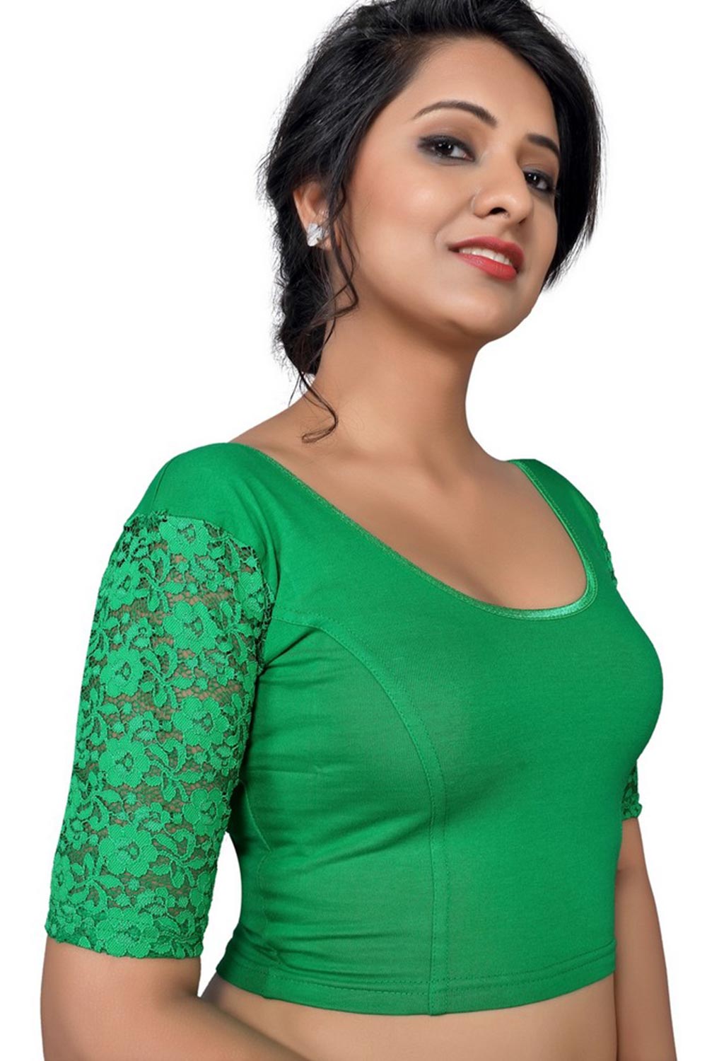 Green Cotton Lycra Blend Stretchable Non-Padded Elbow Sleeves Saree Blouse